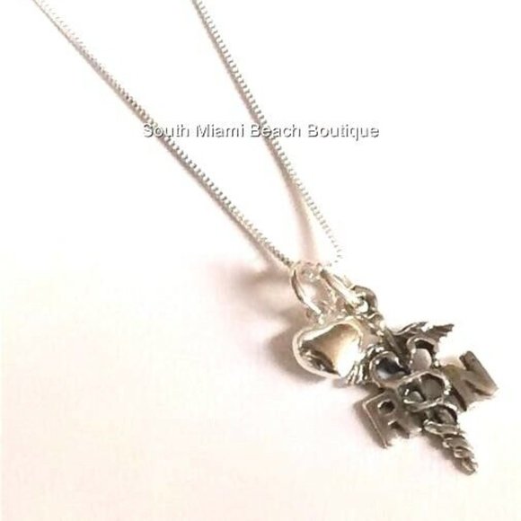 Nursing RN Caduceus Necklace Sterling Silver 925 Puff Heart Graduation Gift - Picture 8 of 12